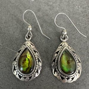 Vintage Jezlaine Abalone Stone on Sterling Silver Teardrop Shaped Drop Earrings